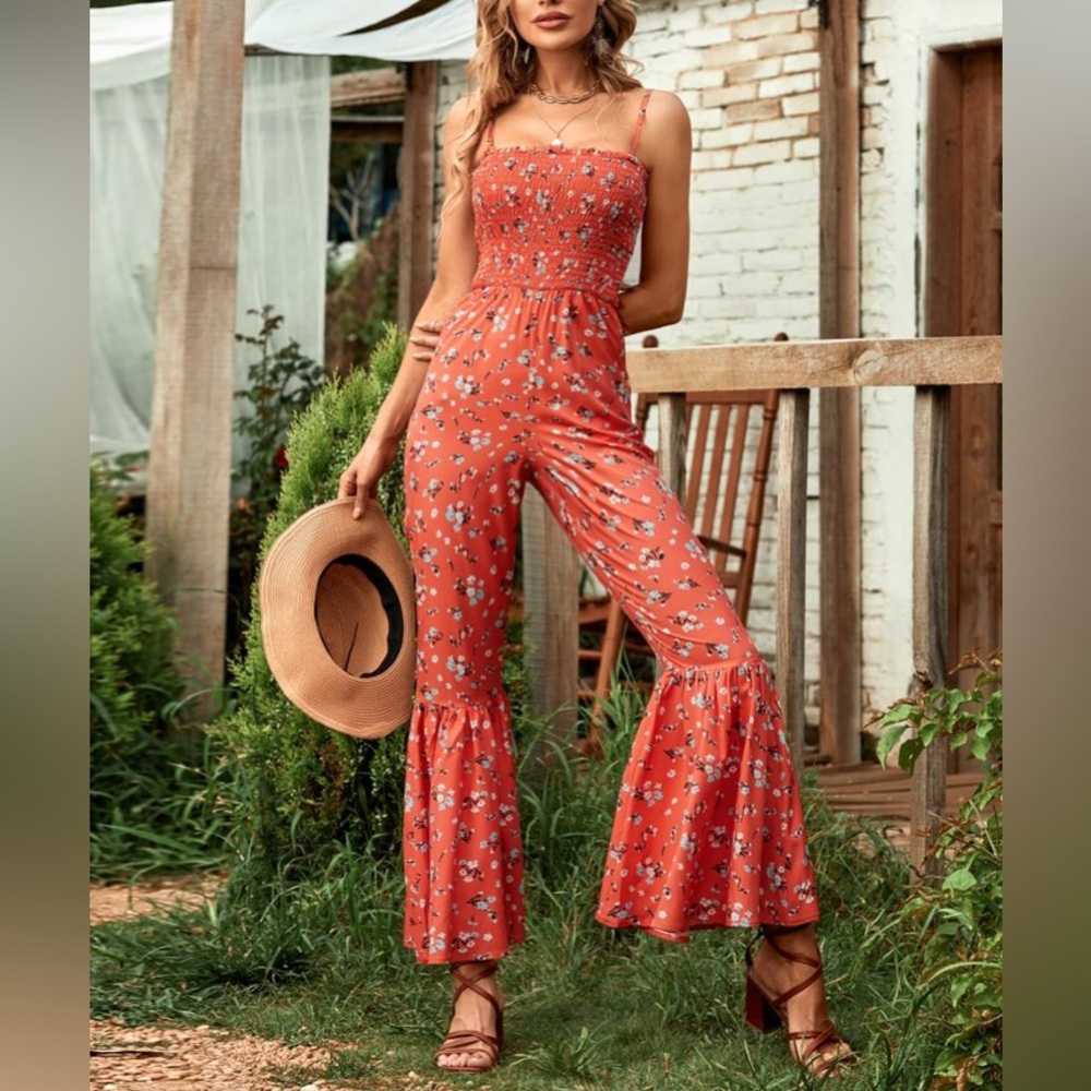 Floral Shirred Ruffle Hem Cami Jumpsuit